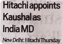 Indian Express covers the appointment of Hitachi India's new MD
